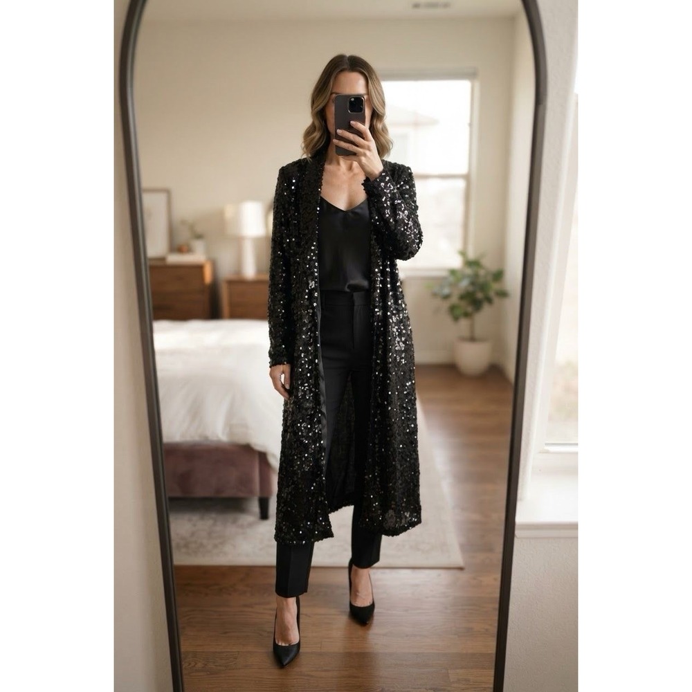 Sincerely Jules Women Large Black Sequin Duster Cardigan Jacket Open Front Long